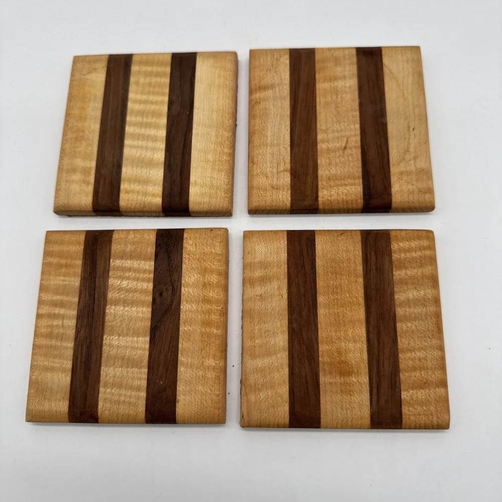 Wooden Cork Back Coasters Set of 4 Striped Dark And Light Wood
